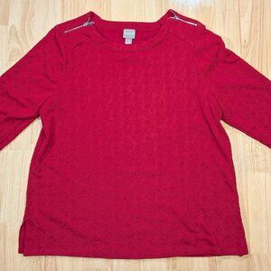 Chicos Womens Top Size 3 Red Textured 3/4 Sleeve Zipper Shoulder Blouse